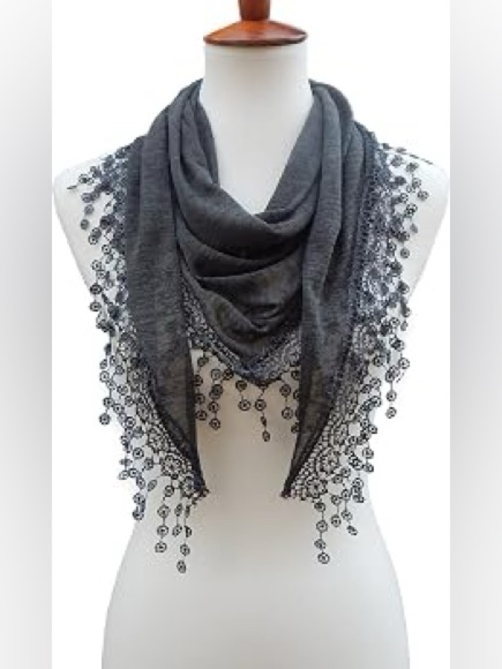 Stormcloud Grey Knit Triangle Scarf with Flower Lace Fringe